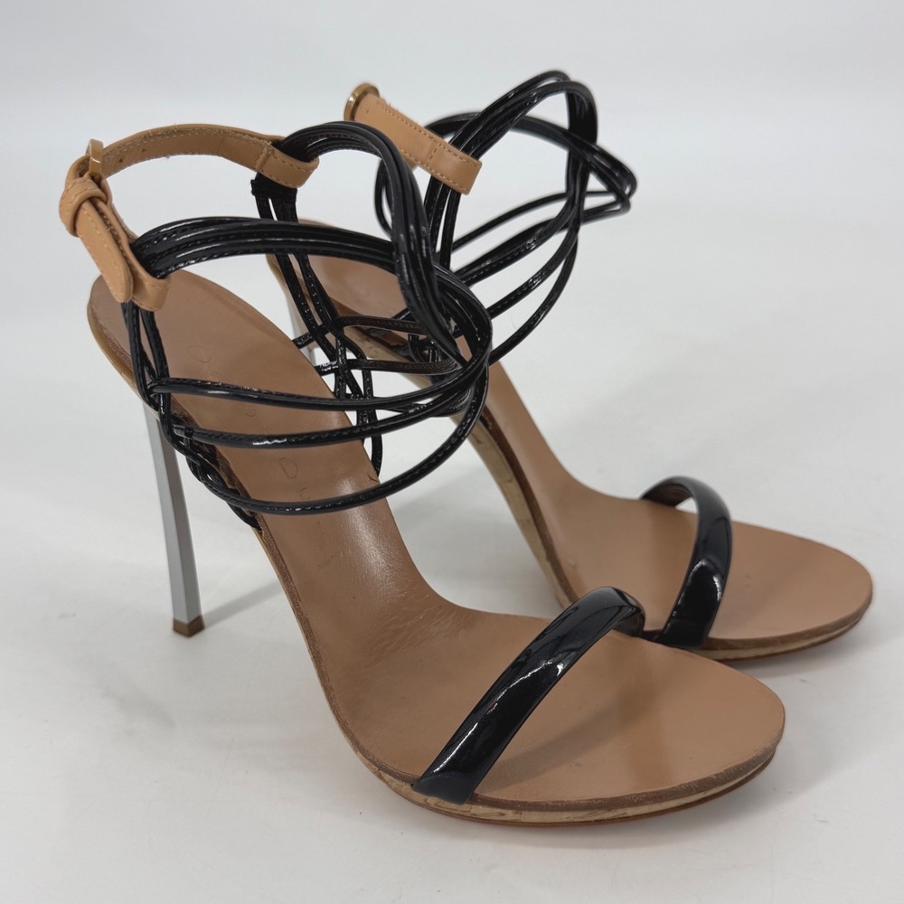 Casadei Blade Heel Sandals Black Patent Strappy Cork Stiletto Made Italy Size 5